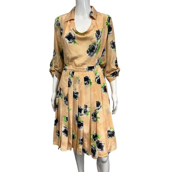 MOSCHINO CHEAP AND CHIC Pink Silk Fabric Floral Print Top Aline Midi Skirt Set - Picture 2 of 7